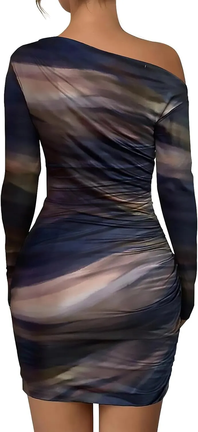 Women's Long Sleeve Bodycon Mini Dress Tie Dye Print Slim Fit Asymmetrical Neck Elegant Formal Ruched Short Dresses