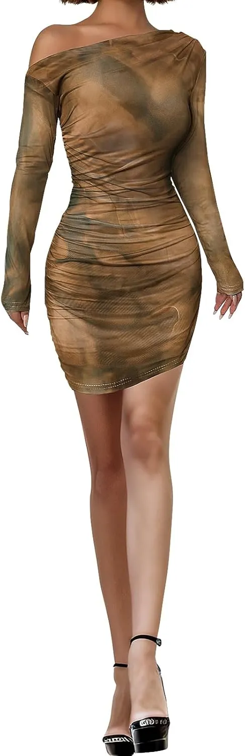 Women's Long Sleeve Bodycon Mini Dress Tie Dye Print Slim Fit Asymmetrical Neck Elegant Formal Ruched Short Dresses