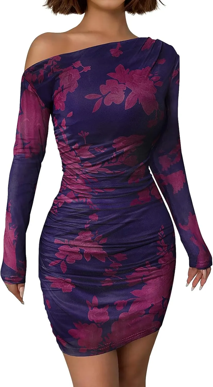 Women's Long Sleeve Bodycon Mini Dress Tie Dye Print Slim Fit Asymmetrical Neck Elegant Formal Ruched Short Dresses