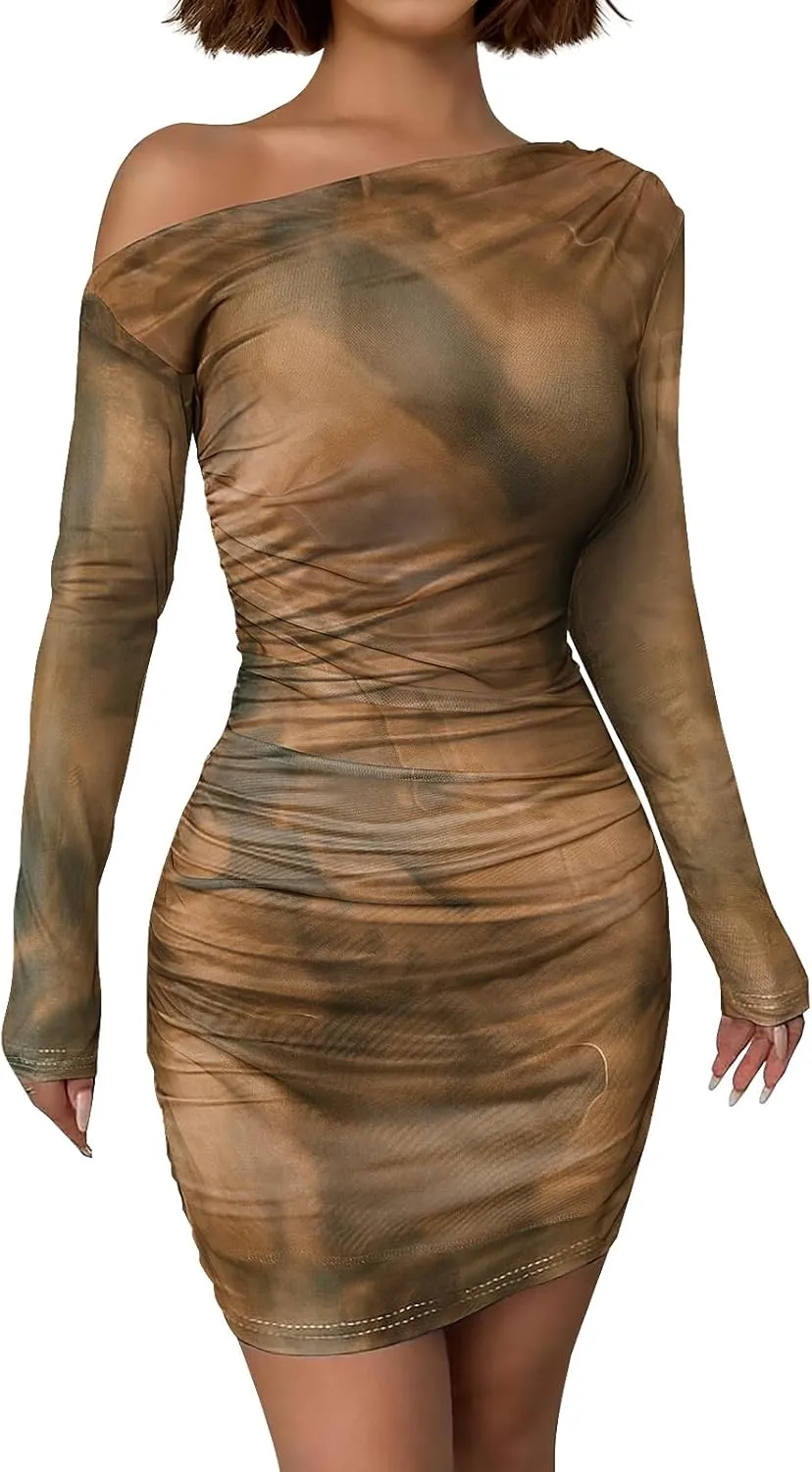 Women's Long Sleeve Bodycon Mini Dress Tie Dye Print Slim Fit Asymmetrical Neck Elegant Formal Ruched Short Dresses