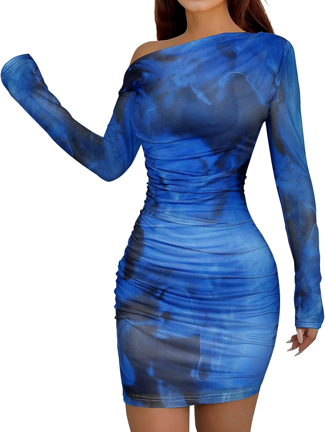 Women's Long Sleeve Bodycon Mini Dress Tie Dye Print Slim Fit Asymmetrical Neck Elegant Formal Ruched Short Dresses