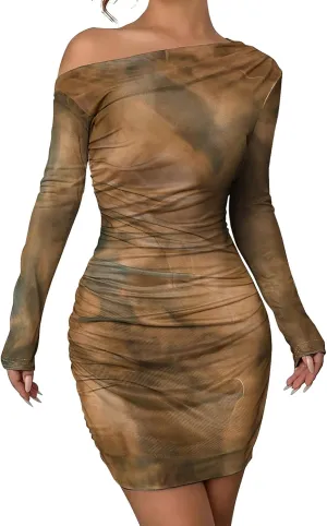 Women's Long Sleeve Bodycon Mini Dress Tie Dye Print Slim Fit Asymmetrical Neck Elegant Formal Ruched Short Dresses