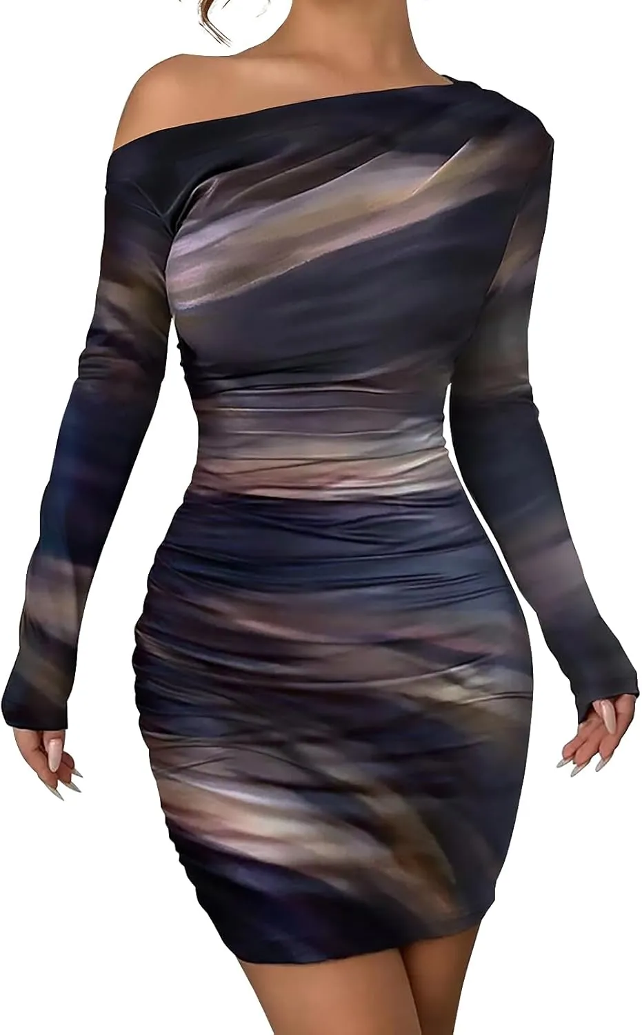 Women's Long Sleeve Bodycon Mini Dress Tie Dye Print Slim Fit Asymmetrical Neck Elegant Formal Ruched Short Dresses