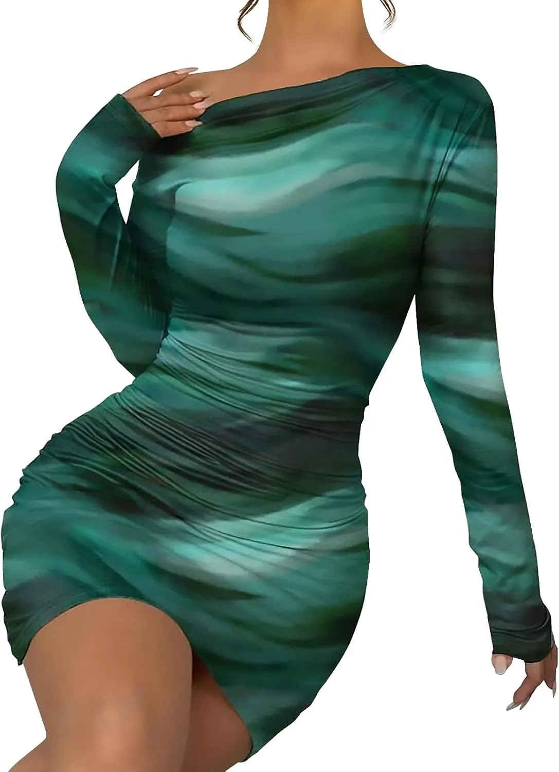Women's Long Sleeve Bodycon Mini Dress Tie Dye Print Slim Fit Asymmetrical Neck Elegant Formal Ruched Short Dresses