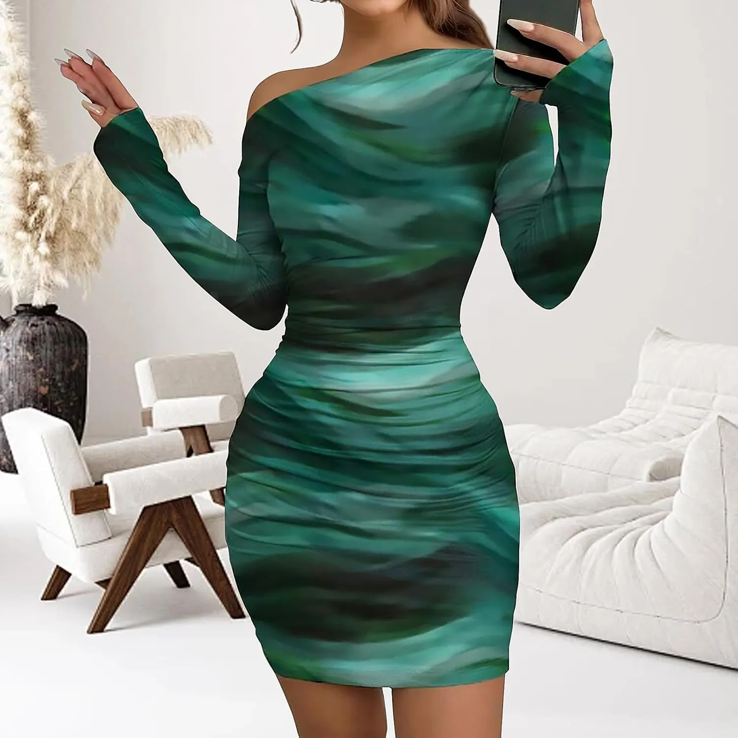 Women's Long Sleeve Bodycon Mini Dress Tie Dye Print Slim Fit Asymmetrical Neck Elegant Formal Ruched Short Dresses