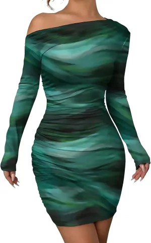 Women's Long Sleeve Bodycon Mini Dress Tie Dye Print Slim Fit Asymmetrical Neck Elegant Formal Ruched Short Dresses