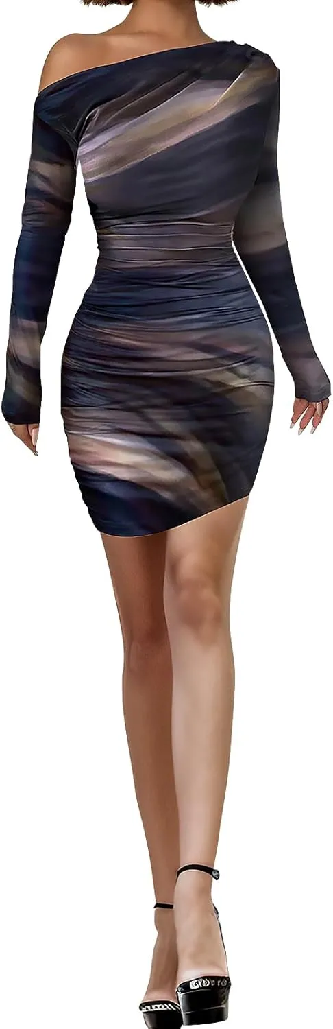 Women's Long Sleeve Bodycon Mini Dress Tie Dye Print Slim Fit Asymmetrical Neck Elegant Formal Ruched Short Dresses