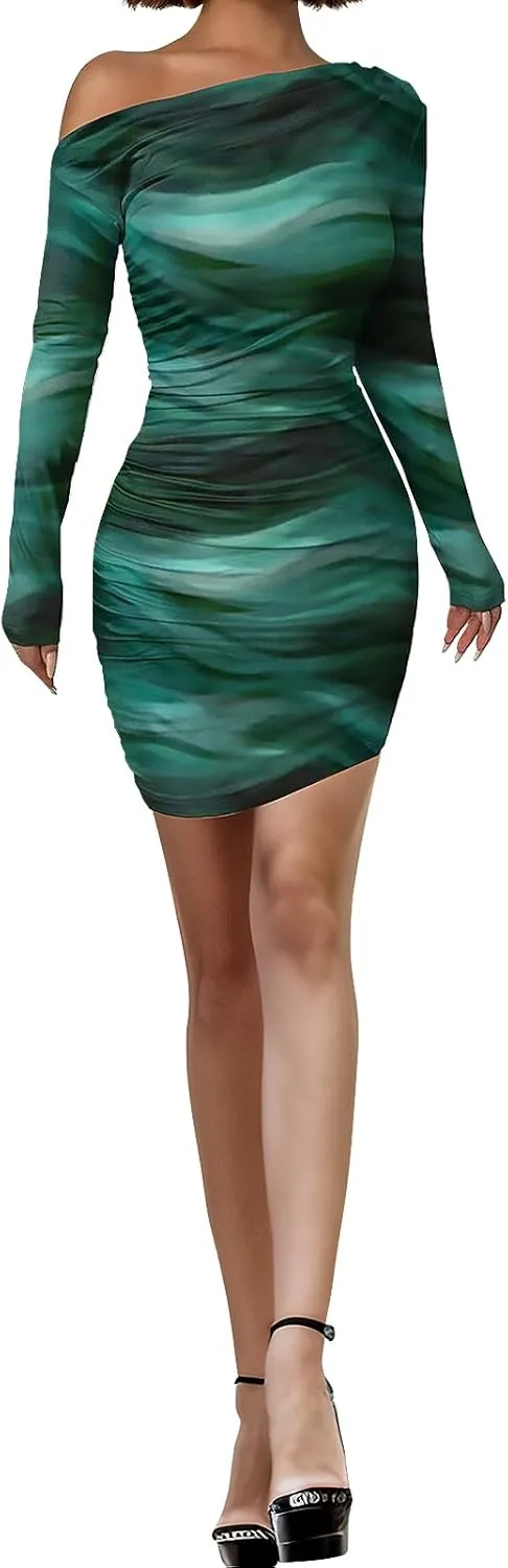 Women's Long Sleeve Bodycon Mini Dress Tie Dye Print Slim Fit Asymmetrical Neck Elegant Formal Ruched Short Dresses