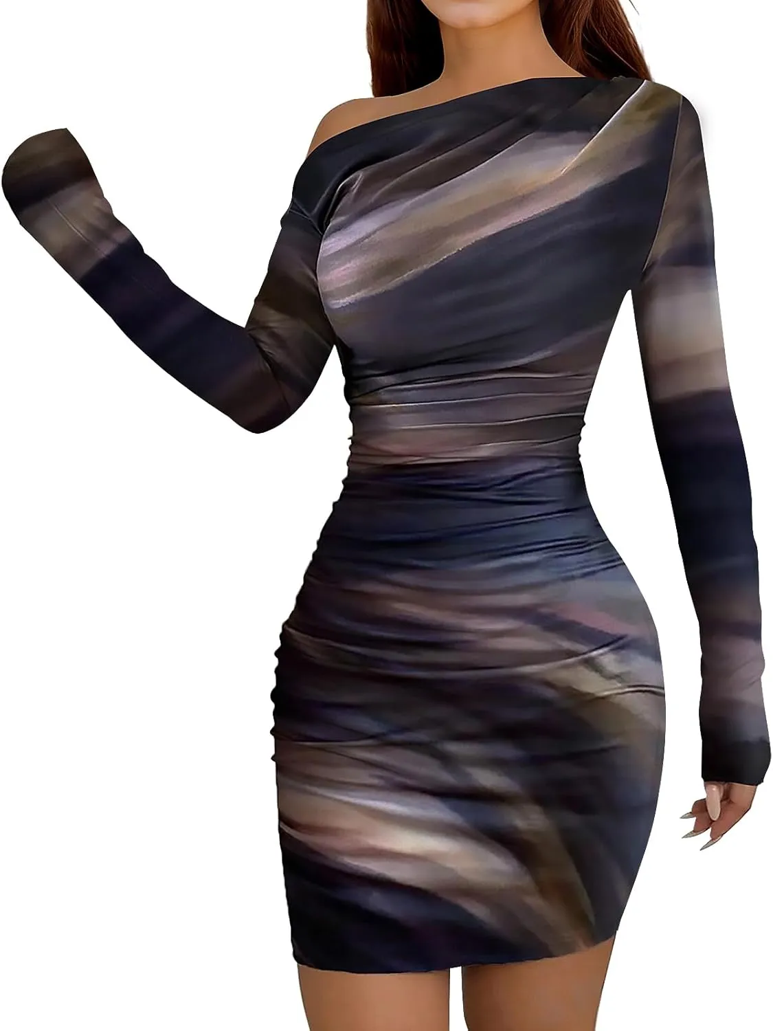Women's Long Sleeve Bodycon Mini Dress Tie Dye Print Slim Fit Asymmetrical Neck Elegant Formal Ruched Short Dresses