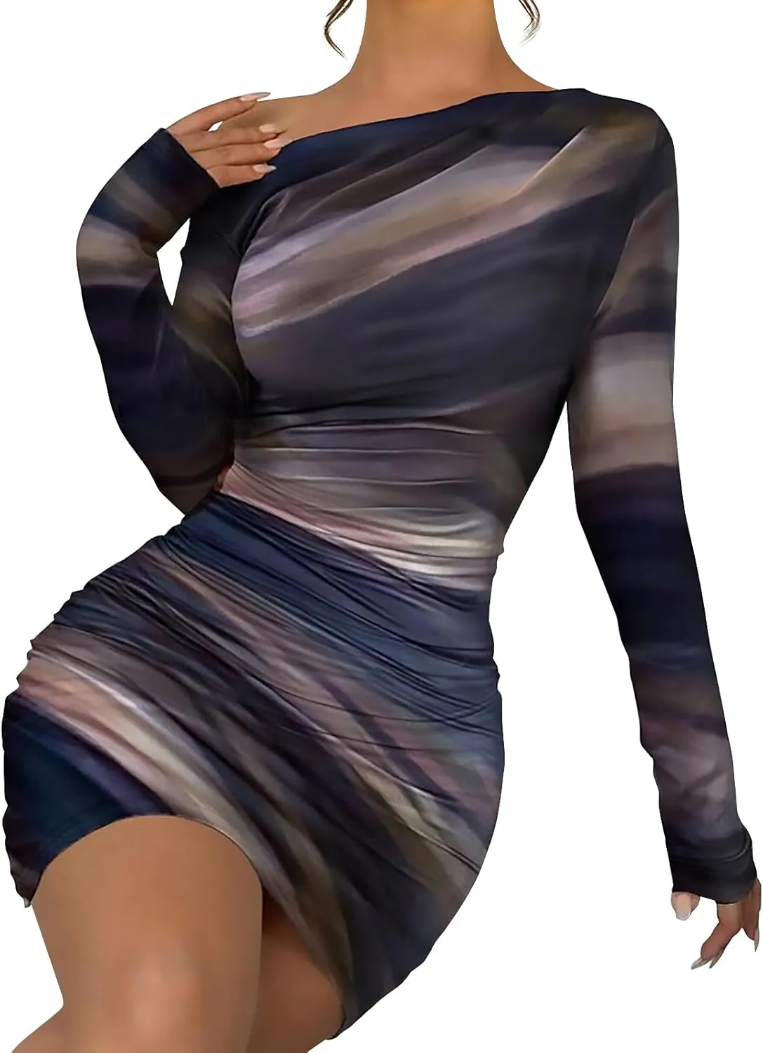 Women's Long Sleeve Bodycon Mini Dress Tie Dye Print Slim Fit Asymmetrical Neck Elegant Formal Ruched Short Dresses