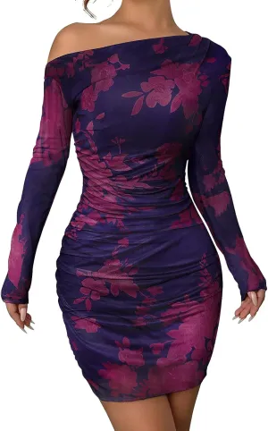 Women's Long Sleeve Bodycon Mini Dress Tie Dye Print Slim Fit Asymmetrical Neck Elegant Formal Ruched Short Dresses