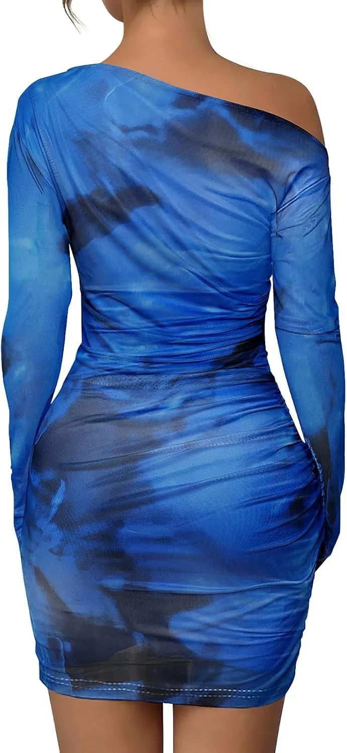 Women's Long Sleeve Bodycon Mini Dress Tie Dye Print Slim Fit Asymmetrical Neck Elegant Formal Ruched Short Dresses