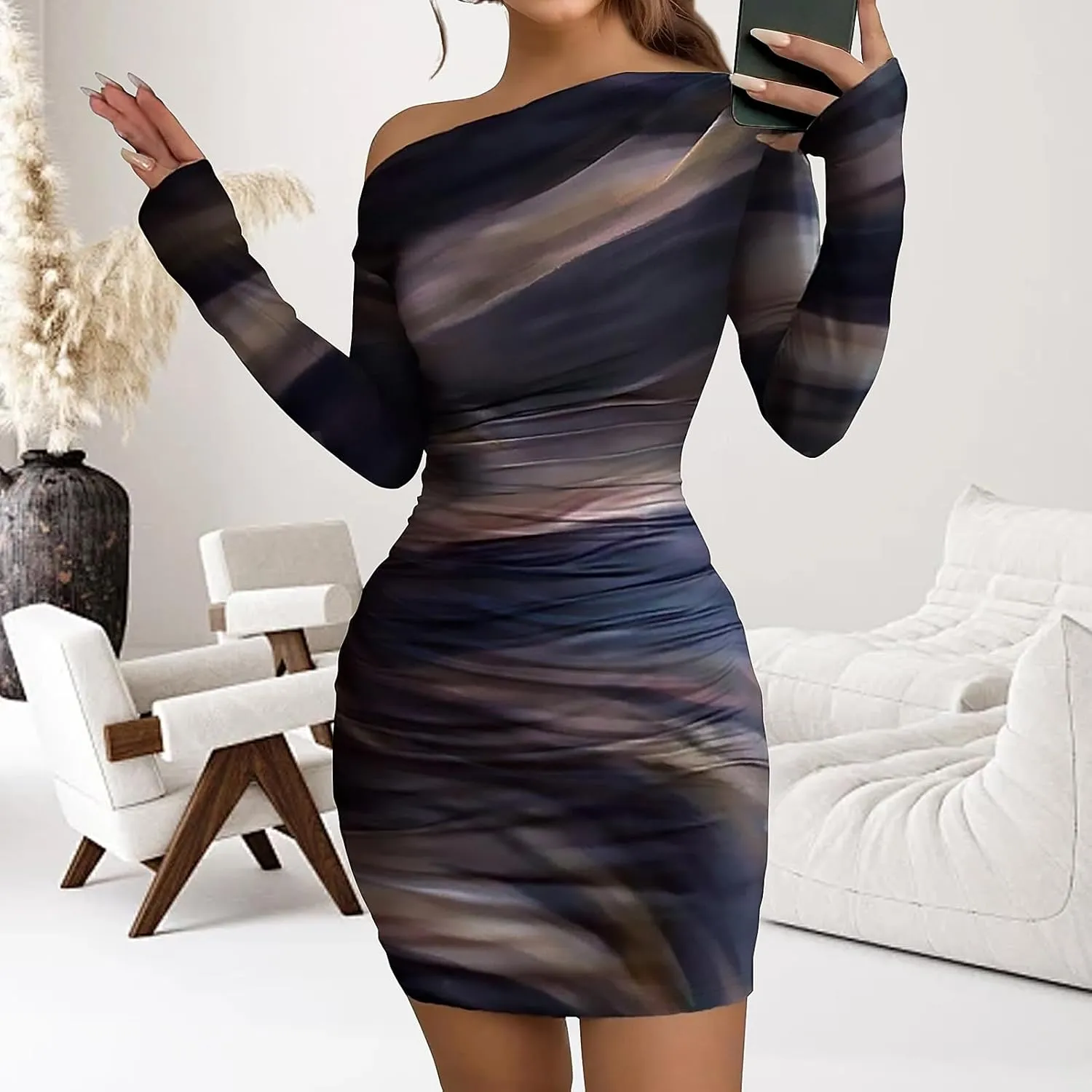 Women's Long Sleeve Bodycon Mini Dress Tie Dye Print Slim Fit Asymmetrical Neck Elegant Formal Ruched Short Dresses