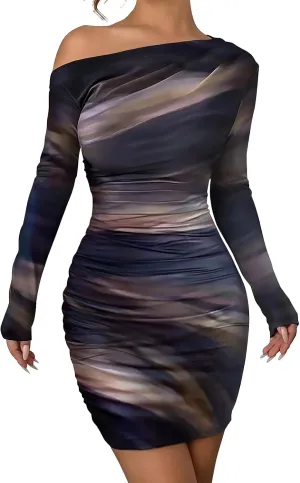 Women's Long Sleeve Bodycon Mini Dress Tie Dye Print Slim Fit Asymmetrical Neck Elegant Formal Ruched Short Dresses