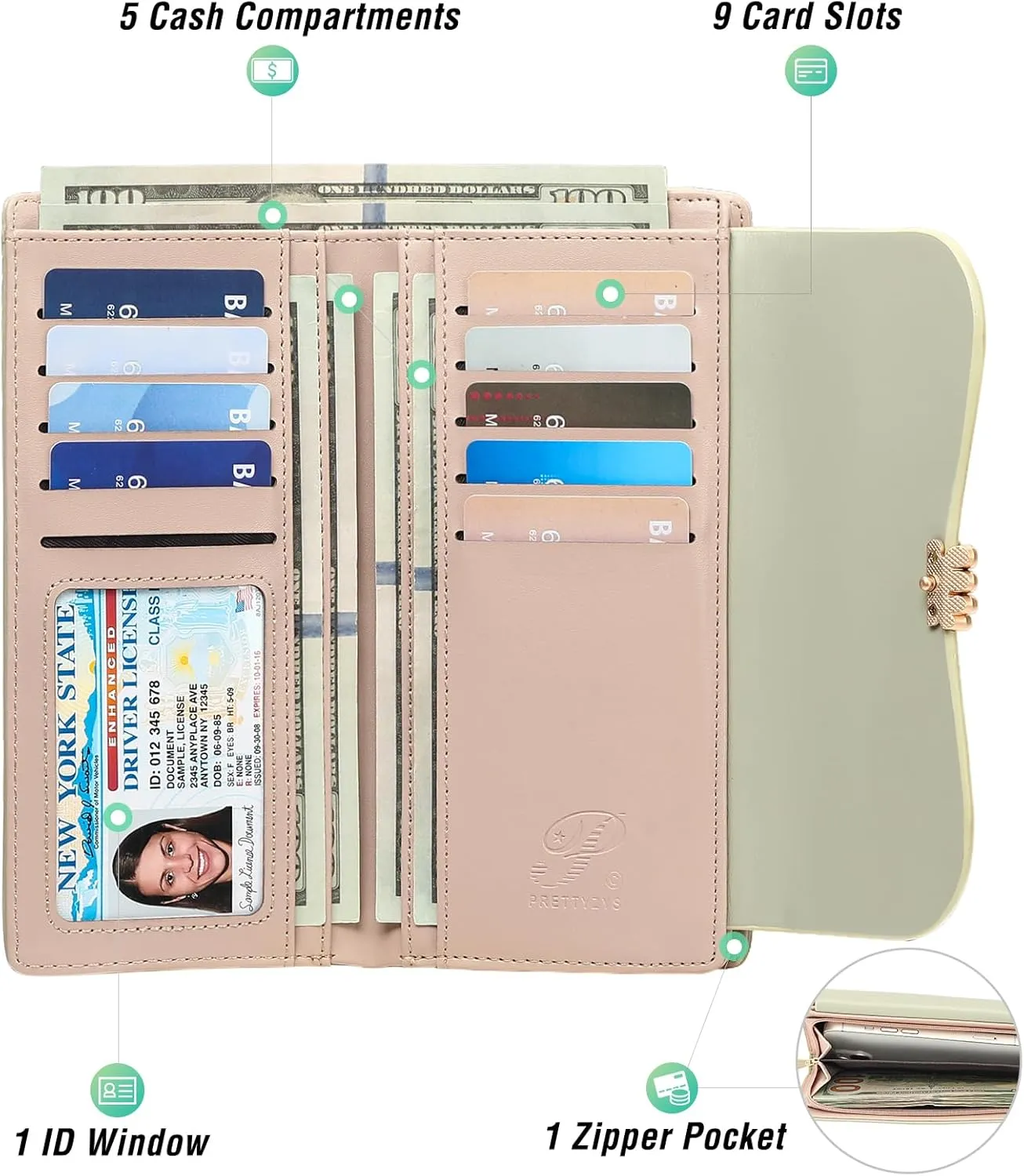 Womens Wallet Leather Credit Card Holder RFID Blocking Trifold Long Ladies Purse with Zipper Pocket