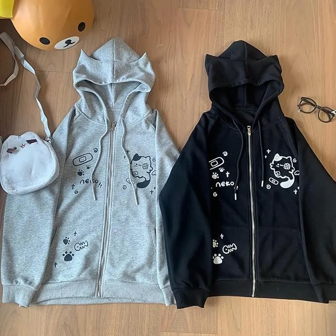 Women's Y2K Zip-Up Hoodie Oversized Streetwear Cat Ear Cute Cartoon Graphic Harajuku Kawaii Sweatshirt
