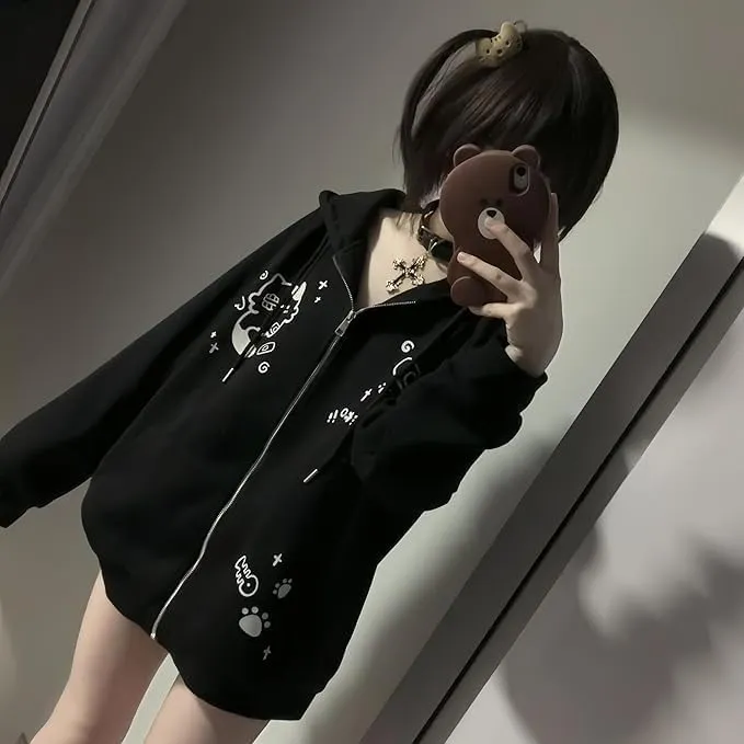 Women's Y2K Zip-Up Hoodie Oversized Streetwear Cat Ear Cute Cartoon Graphic Harajuku Kawaii Sweatshirt
