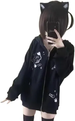 Women's Y2K Zip-Up Hoodie Oversized Streetwear Cat Ear Cute Cartoon Graphic Harajuku Kawaii Sweatshirt