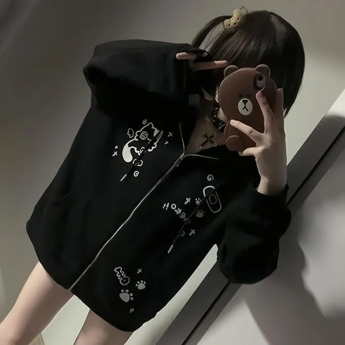 Women's Y2K Zip-Up Hoodie Oversized Streetwear Cat Ear Cute Cartoon Graphic Harajuku Kawaii Sweatshirt