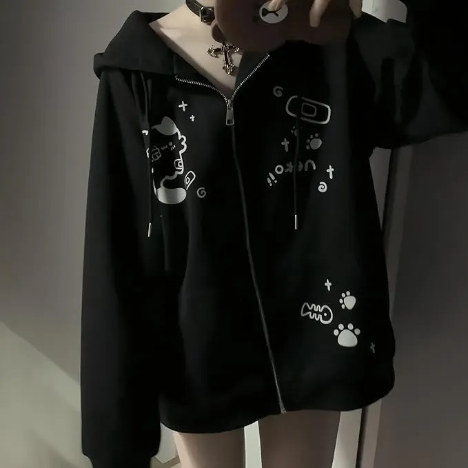 Women's Y2K Zip-Up Hoodie Oversized Streetwear Cat Ear Cute Cartoon Graphic Harajuku Kawaii Sweatshirt