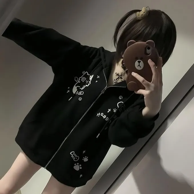 Women's Y2K Zip-Up Hoodie Oversized Streetwear Cat Ear Cute Cartoon Graphic Harajuku Kawaii Sweatshirt