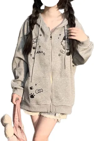 Women's Y2K Zip-Up Hoodie Oversized Streetwear Cat Ear Cute Cartoon Graphic Harajuku Kawaii Sweatshirt